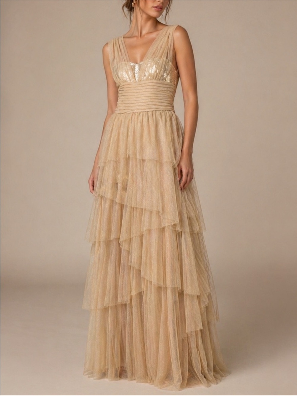 Tadashi Shoji Gold Tiered Gown Petite 6P Sequin V-Neck Tulle Formal Dress Hoco